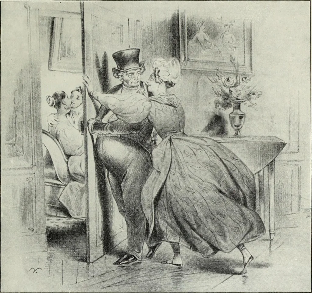 An illustration from Das Weib in der Karikatur Frankreichs : mit 448 Textillustrationen und 72 farbigen Kunstblättern nach seltenen und amüsanten französischen Karikaturen aus allen Zeitepochen, 1907, leaf 249