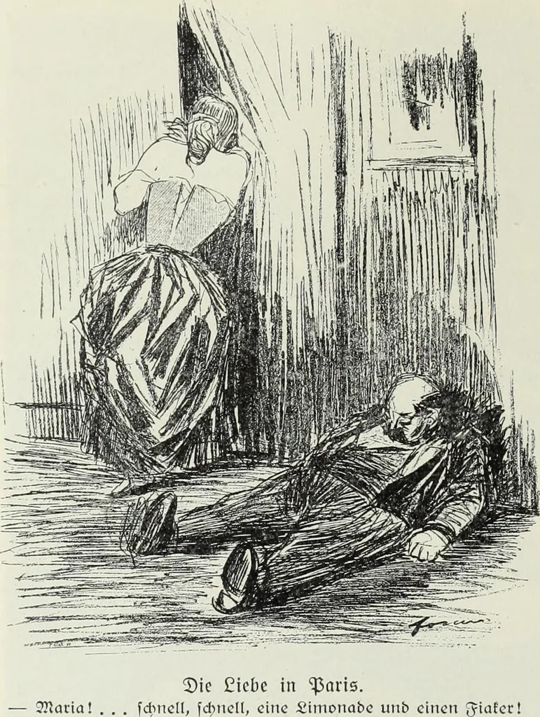 An illustration from Das Weib in der Karikatur Frankreichs : mit 448 Textillustrationen und 72 farbigen Kunstblättern nach seltenen und amüsanten französischen Karikaturen aus allen Zeitepochen, 1907, leaf 342