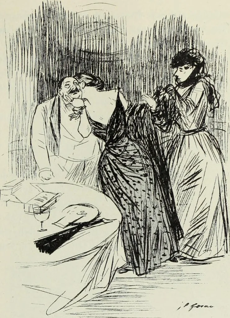 An illustration from Das Weib in der Karikatur Frankreichs : mit 448 Textillustrationen und 72 farbigen Kunstblättern nach seltenen und amüsanten französischen Karikaturen aus allen Zeitepochen, 1907, leaf 431