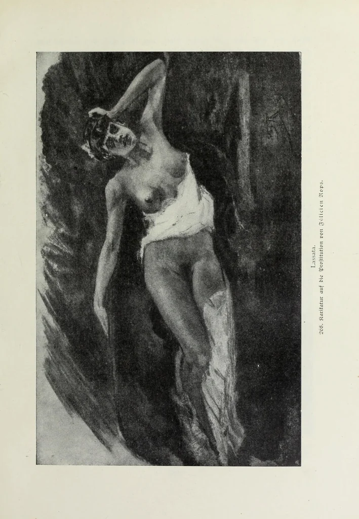 An illustration from Das Weib in der Karikatur Frankreichs : mit 448 Textillustrationen und 72 farbigen Kunstblättern nach seltenen und amüsanten französischen Karikaturen aus allen Zeitepochen, 1907, leaf 435