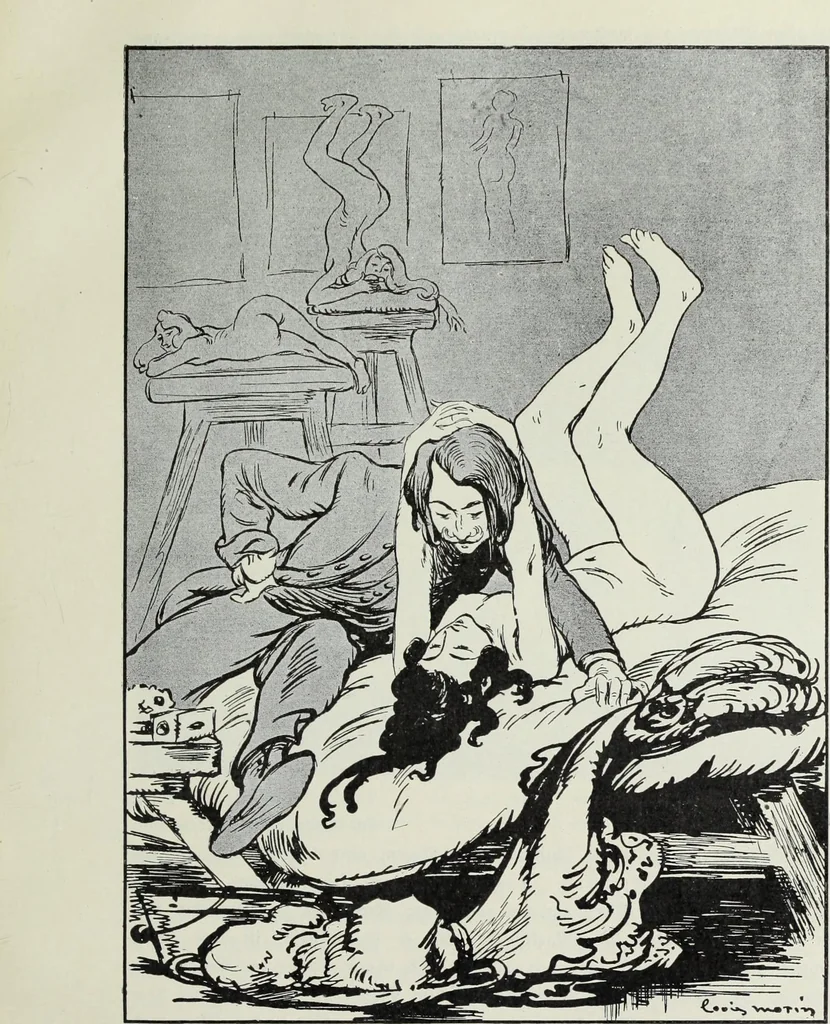 An illustration from Das Weib in der Karikatur Frankreichs : mit 448 Textillustrationen und 72 farbigen Kunstblättern nach seltenen und amüsanten französischen Karikaturen aus allen Zeitepochen, 1907, leaf 503