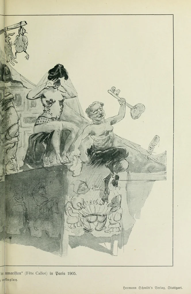 An illustration from Das Weib in der Karikatur Frankreichs : mit 448 Textillustrationen und 72 farbigen Kunstblättern nach seltenen und amüsanten französischen Karikaturen aus allen Zeitepochen, 1907, leaf 705