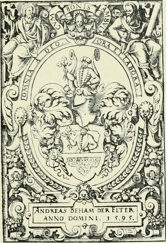 An illustration from Dated book-plates (Ex libris) with a treatise on their origin and development, 1895, leaf 19