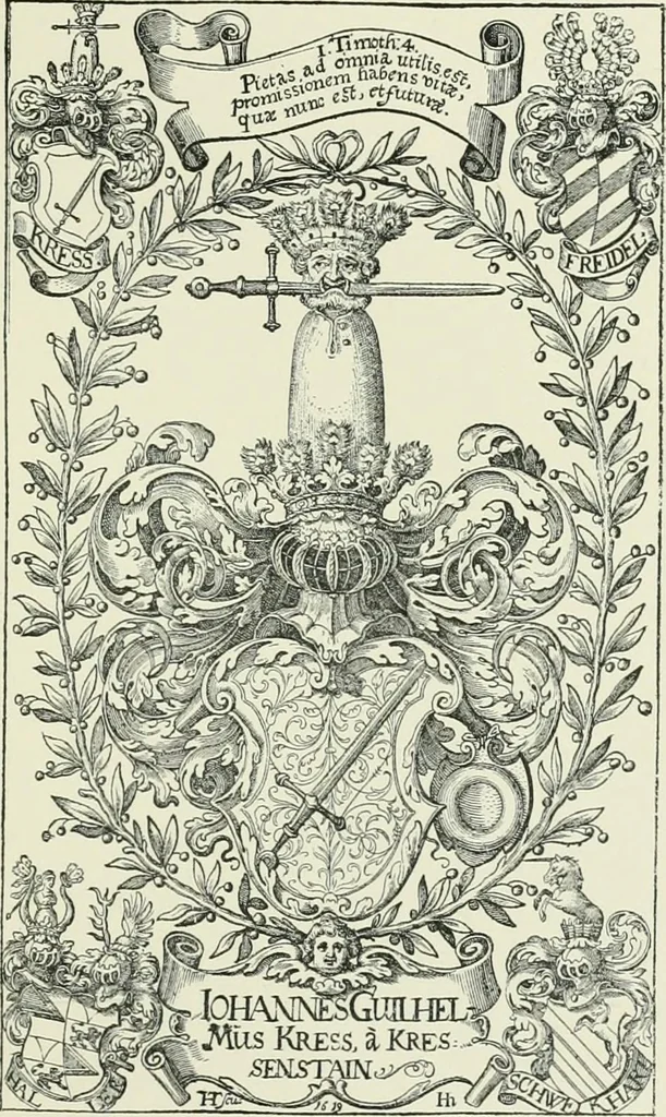 An illustration from Dated book-plates (Ex libris) with a treatise on their origin and development, 1895, leaf 55