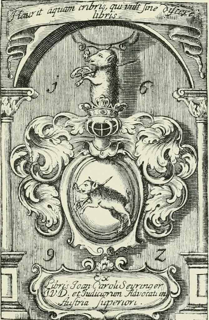 An illustration from Dated book-plates (Ex libris) with a treatise on their origin and development, 1895, leaf 83