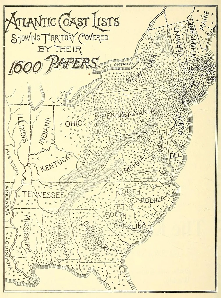 An illustration from The Dauchy Co.'s newspaper catalogue : a list of the newspapers and periodicals published in the United States and territories, and Canada, with date of establishment, frequency or day of issue, politics, denomination, nationality or special character, etc. .., 1897, leaf 668
