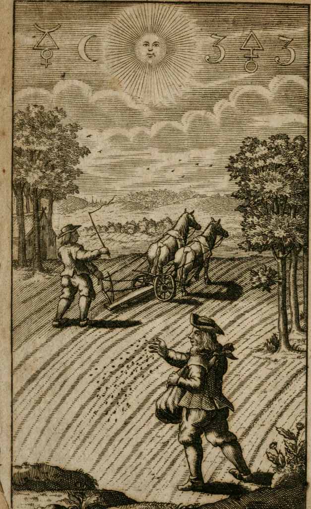 An illustration from David Beuthers Universal und Particularia : worin die Verwandelung geringer Metalle in Gold und Silber klahr und deutlich gelehret wird : nebst einem Anhange von unvergleichlich curieusen Alchymischen Kupffern, darin die Kunst von Anfang bis zum Ende vorgemahlet ist : und einer Vorrede von Beuthers Person und Schrifften Dr. Joh. Christoph Sprögels .., 1718, leaf 3
