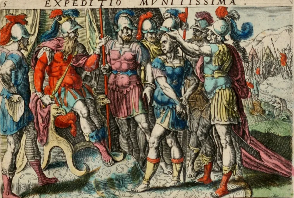 An illustration from David, hoc est virtutis exercitatissimae probatum Deo spectaculum, ex David pastoris, militis, regis, exulis, ac prophetae exemplis, 1637, leaf 10