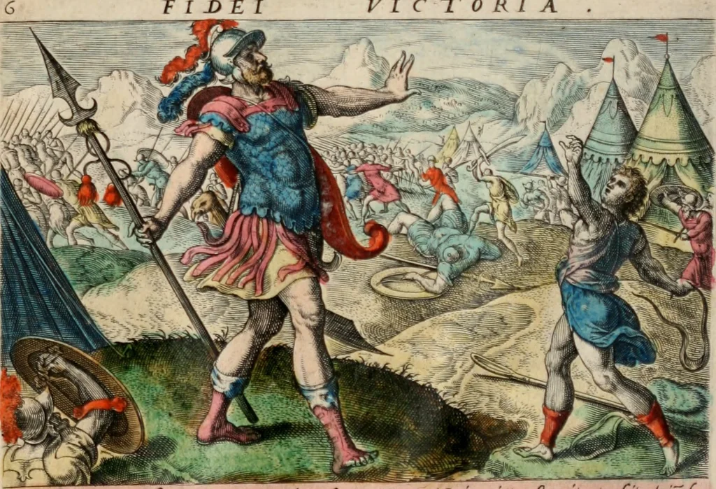 An illustration from David, hoc est virtutis exercitatissimae probatum Deo spectaculum, ex David pastoris, militis, regis, exulis, ac prophetae exemplis, 1637, leaf 12