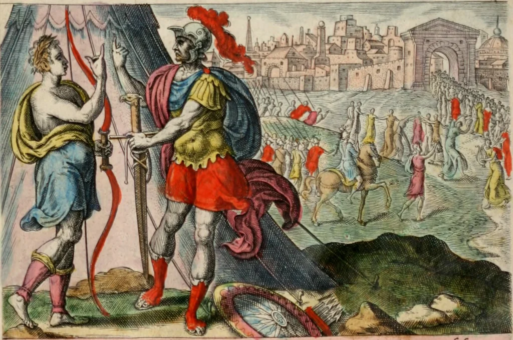 An illustration from David, hoc est virtutis exercitatissimae probatum Deo spectaculum, ex David pastoris, militis, regis, exulis, ac prophetae exemplis, 1637, leaf 16