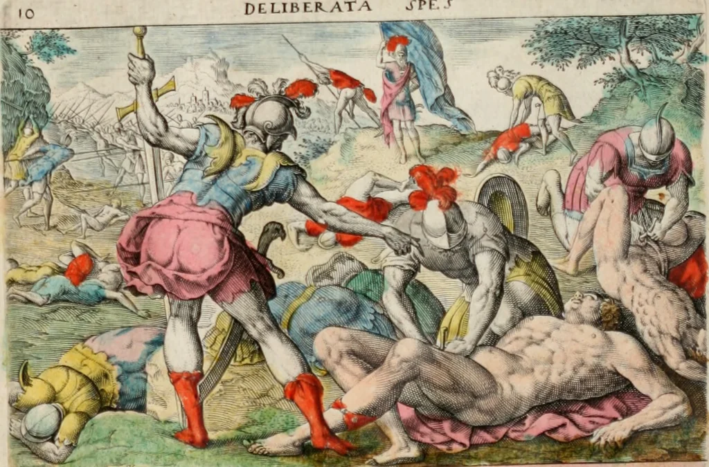 An illustration from David, hoc est virtutis exercitatissimae probatum Deo spectaculum, ex David pastoris, militis, regis, exulis, ac prophetae exemplis, 1637, leaf 20