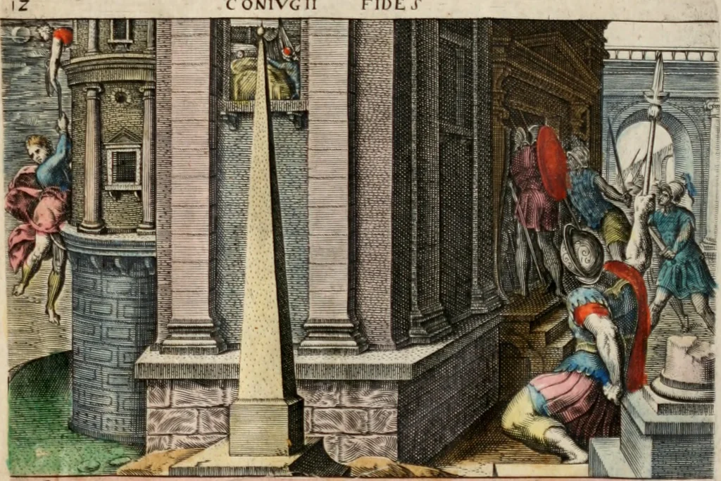 An illustration from David, hoc est virtutis exercitatissimae probatum Deo spectaculum, ex David pastoris, militis, regis, exulis, ac prophetae exemplis, 1637, leaf 24