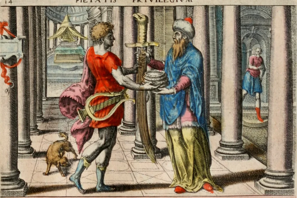 An illustration from David, hoc est virtutis exercitatissimae probatum Deo spectaculum, ex David pastoris, militis, regis, exulis, ac prophetae exemplis, 1637, leaf 28