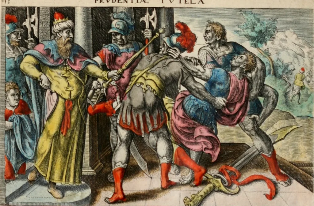 An illustration from David, hoc est virtutis exercitatissimae probatum Deo spectaculum, ex David pastoris, militis, regis, exulis, ac prophetae exemplis, 1637, leaf 30