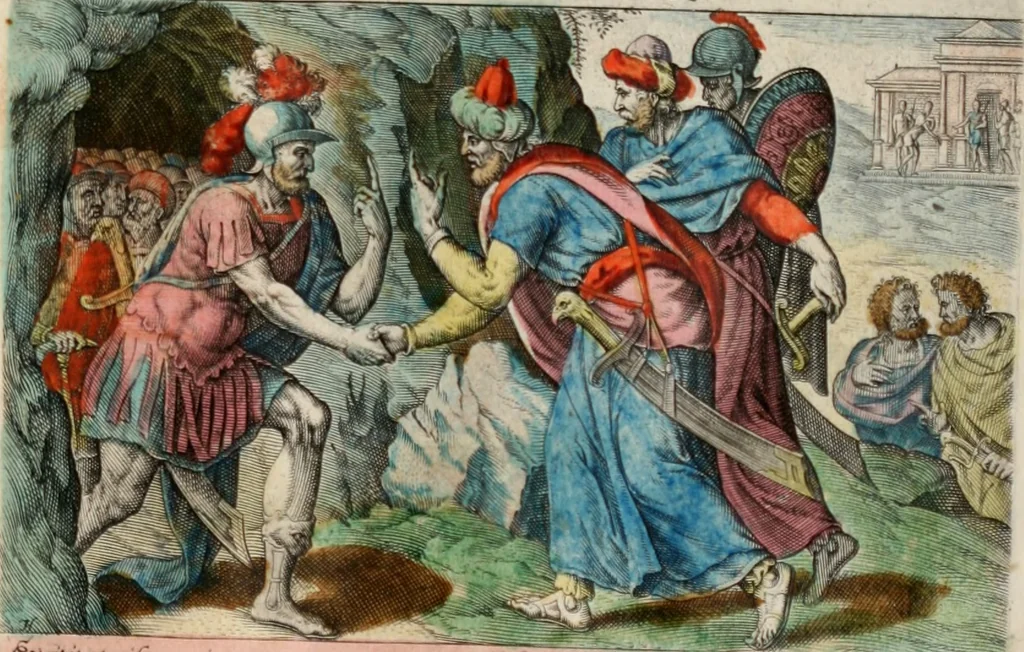An illustration from David, hoc est virtutis exercitatissimae probatum Deo spectaculum, ex David pastoris, militis, regis, exulis, ac prophetae exemplis, 1637, leaf 32