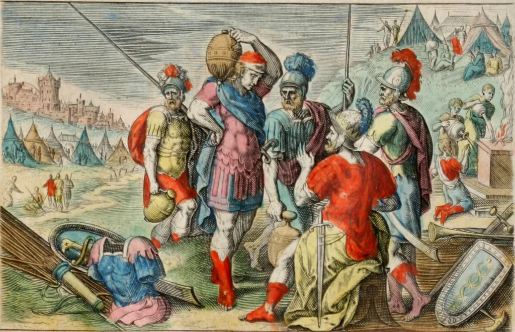 An illustration from David, hoc est virtutis exercitatissimae probatum Deo spectaculum, ex David pastoris, militis, regis, exulis, ac prophetae exemplis, 1637, leaf 44