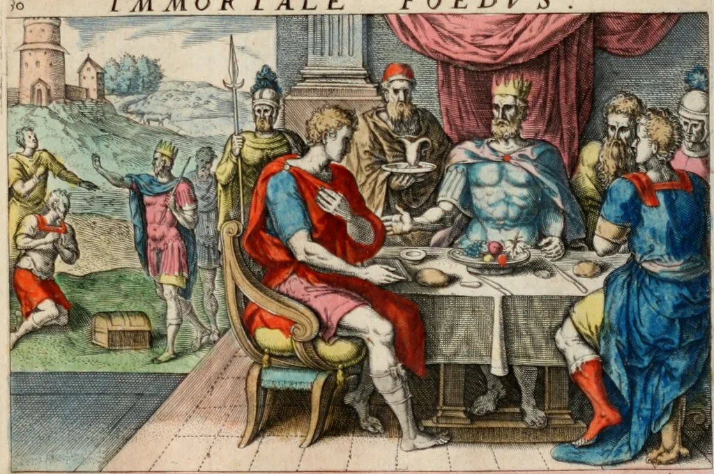 An illustration from David, hoc est virtutis exercitatissimae probatum Deo spectaculum, ex David pastoris, militis, regis, exulis, ac prophetae exemplis, 1637, leaf 52