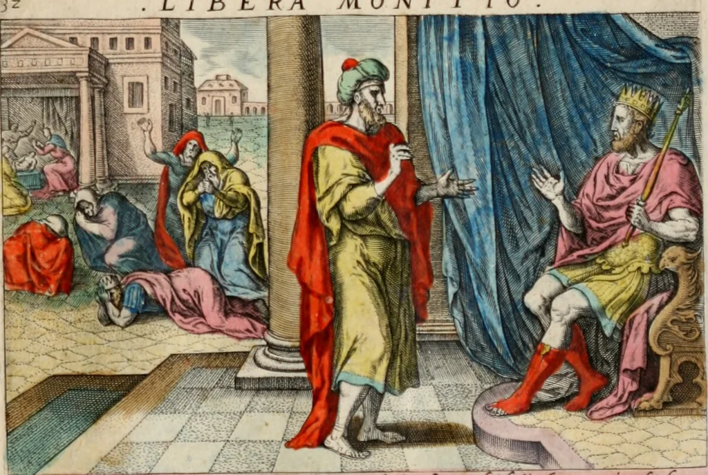 An illustration from David, hoc est virtutis exercitatissimae probatum Deo spectaculum, ex David pastoris, militis, regis, exulis, ac prophetae exemplis, 1637, leaf 56