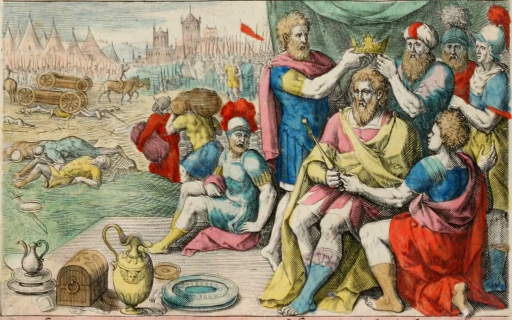 An illustration from David, hoc est virtutis exercitatissimae probatum Deo spectaculum, ex David pastoris, militis, regis, exulis, ac prophetae exemplis, 1637, leaf 58