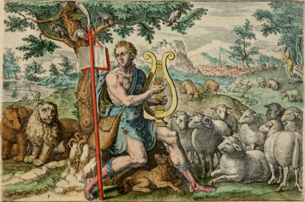 An illustration from David, hoc est virtutis exercitatissimae probatum Deo spectaculum, ex David pastoris, militis, regis, exulis, ac prophetae exemplis, 1637, leaf 6