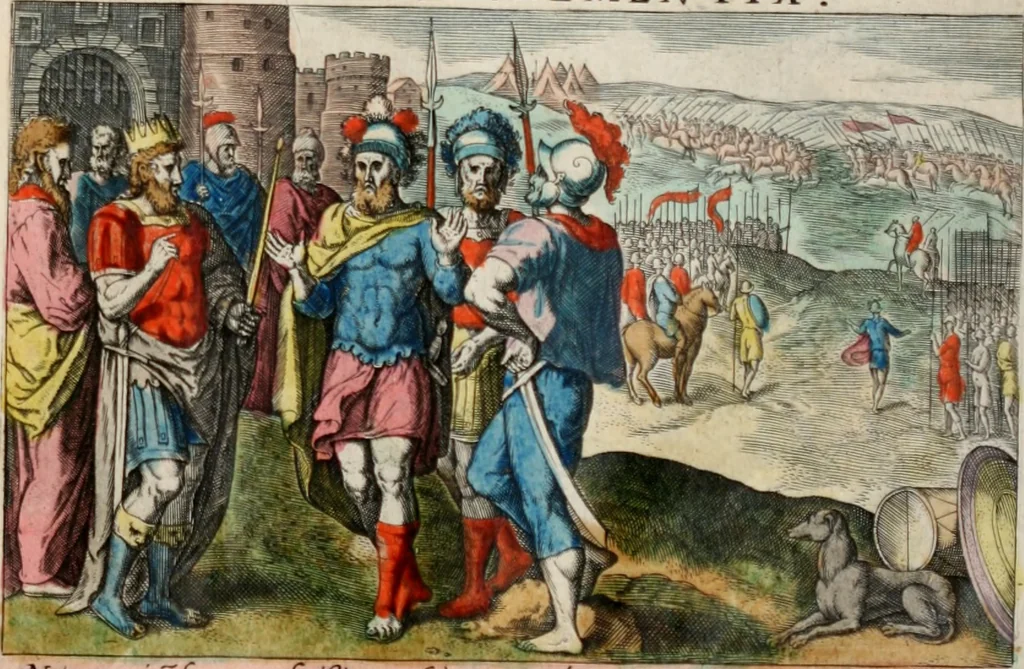 An illustration from David, hoc est virtutis exercitatissimae probatum Deo spectaculum, ex David pastoris, militis, regis, exulis, ac prophetae exemplis, 1637, leaf 66