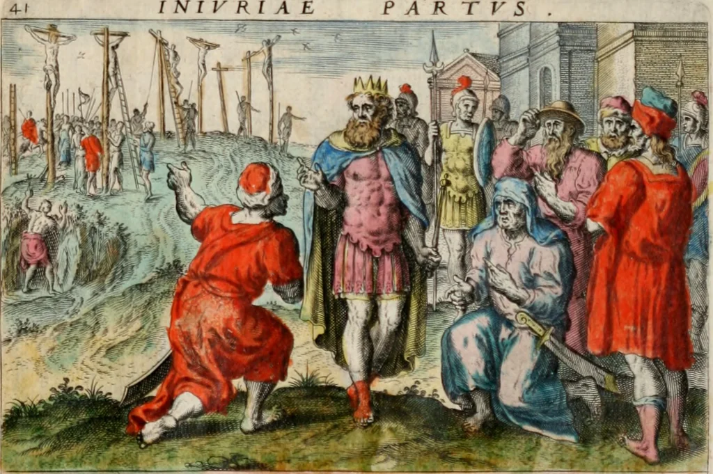 An illustration from David, hoc est virtutis exercitatissimae probatum Deo spectaculum, ex David pastoris, militis, regis, exulis, ac prophetae exemplis, 1637, leaf 74