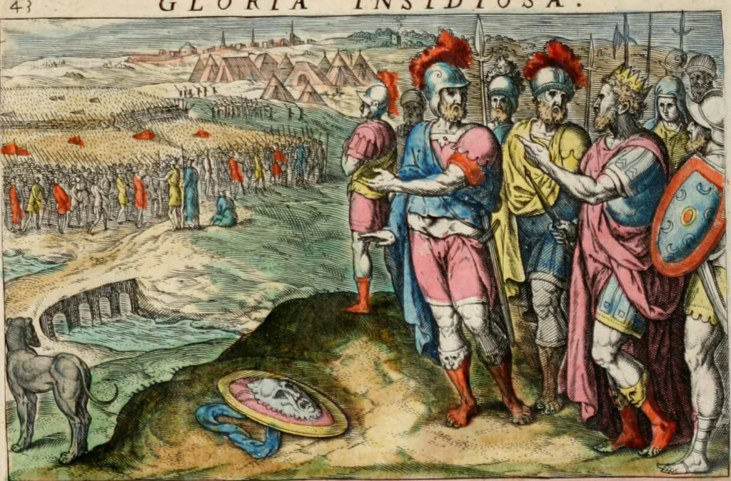 An illustration from David, hoc est virtutis exercitatissimae probatum Deo spectaculum, ex David pastoris, militis, regis, exulis, ac prophetae exemplis, 1637, leaf 78