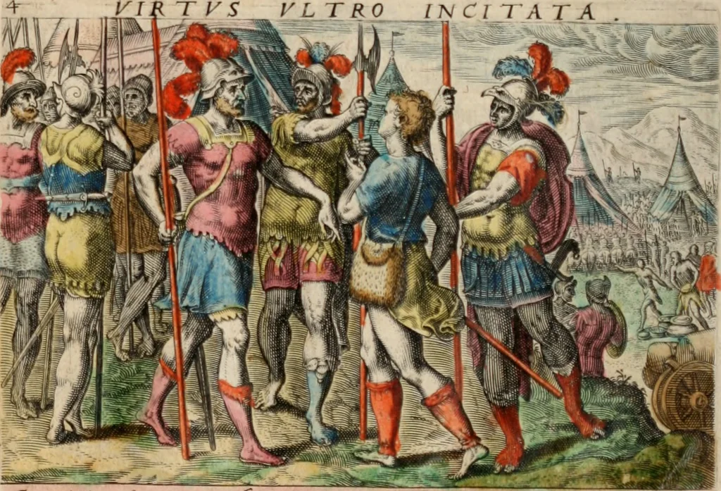 An illustration from David, hoc est virtutis exercitatissimae probatum Deo spectaculum, ex David pastoris, militis, regis, exulis, ac prophetae exemplis, 1637, leaf 8