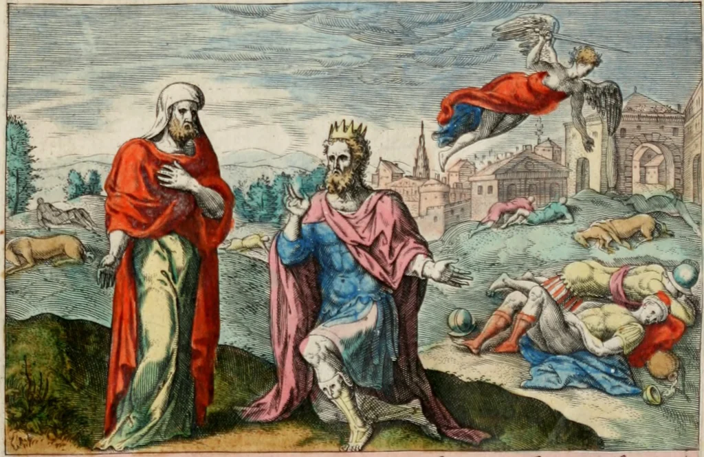 An illustration from David, hoc est virtutis exercitatissimae probatum Deo spectaculum, ex David pastoris, militis, regis, exulis, ac prophetae exemplis, 1637, leaf 80