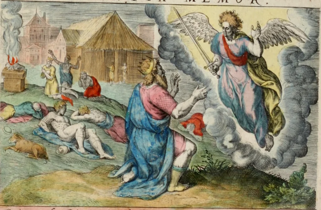 An illustration from David, hoc est virtutis exercitatissimae probatum Deo spectaculum, ex David pastoris, militis, regis, exulis, ac prophetae exemplis, 1637, leaf 82