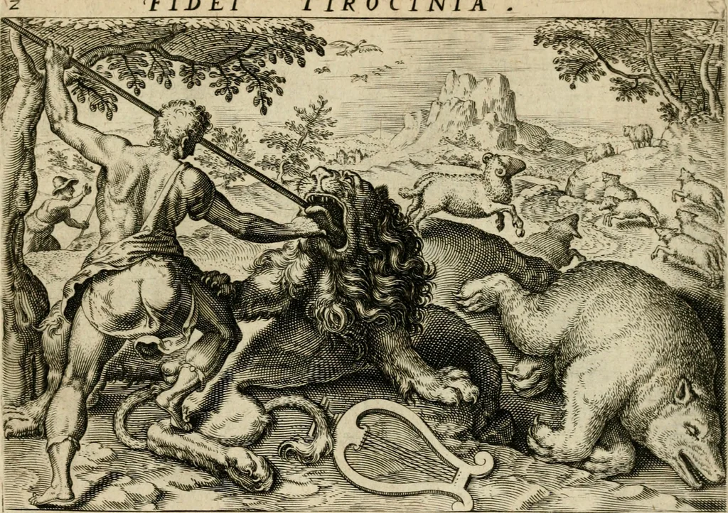 An illustration from David, hoc est, Virtvtis exercitatissimae probatvm deo spectacvlvm : ex David pastoris militis regis exvlis ac prophetae exemplis, 1575, leaf 16
