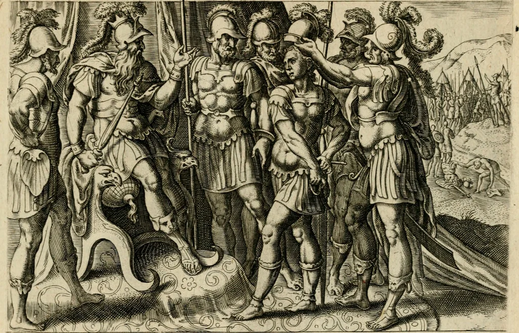 An illustration from David, hoc est, Virtvtis exercitatissimae probatvm deo spectacvlvm : ex David pastoris militis regis exvlis ac prophetae exemplis, 1575, leaf 22