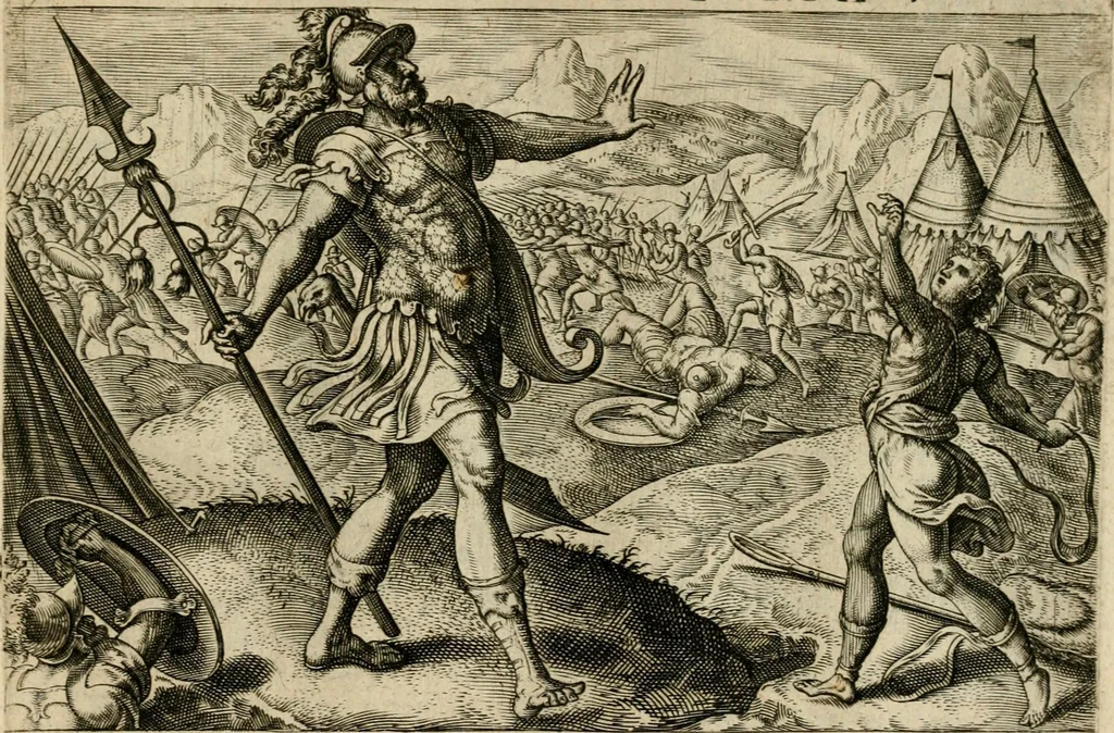 An illustration from David, hoc est, Virtvtis exercitatissimae probatvm deo spectacvlvm : ex David pastoris militis regis exvlis ac prophetae exemplis, 1575, leaf 24