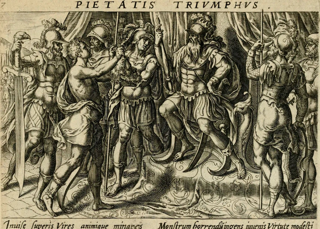 An illustration from David, hoc est, Virtvtis exercitatissimae probatvm deo spectacvlvm : ex David pastoris militis regis exvlis ac prophetae exemplis, 1575, leaf 26