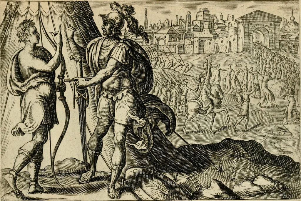 An illustration from David, hoc est, Virtvtis exercitatissimae probatvm deo spectacvlvm : ex David pastoris militis regis exvlis ac prophetae exemplis, 1575, leaf 28