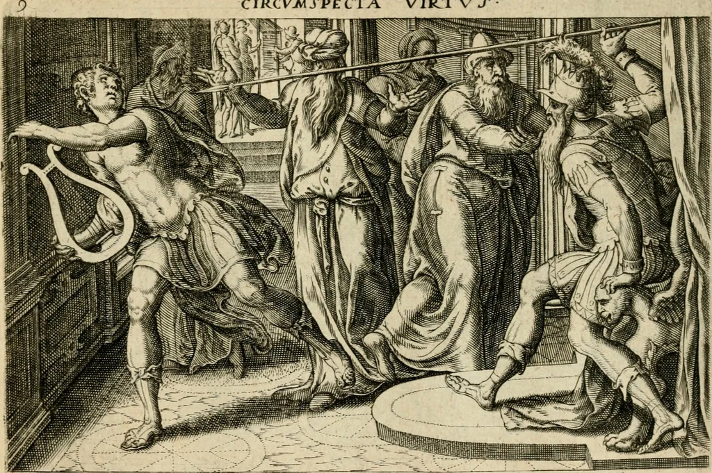 An illustration from David, hoc est, Virtvtis exercitatissimae probatvm deo spectacvlvm : ex David pastoris militis regis exvlis ac prophetae exemplis, 1575, leaf 30