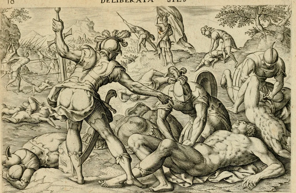 An illustration from David, hoc est, Virtvtis exercitatissimae probatvm deo spectacvlvm : ex David pastoris militis regis exvlis ac prophetae exemplis, 1575, leaf 32