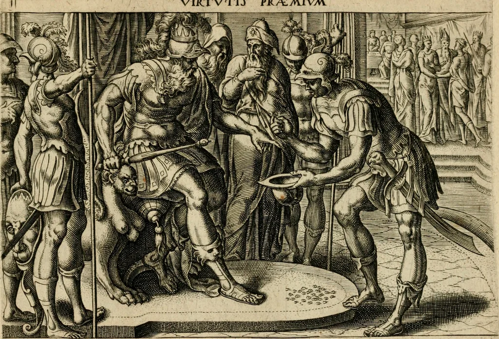 An illustration from David, hoc est, Virtvtis exercitatissimae probatvm deo spectacvlvm : ex David pastoris militis regis exvlis ac prophetae exemplis, 1575, leaf 34