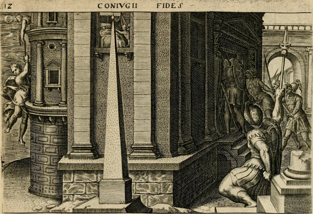 An illustration from David, hoc est, Virtvtis exercitatissimae probatvm deo spectacvlvm : ex David pastoris militis regis exvlis ac prophetae exemplis, 1575, leaf 36
