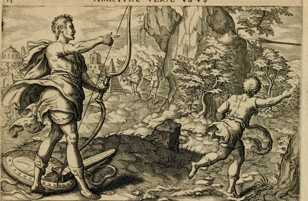 An illustration from David, hoc est, Virtvtis exercitatissimae probatvm deo spectacvlvm : ex David pastoris militis regis exvlis ac prophetae exemplis, 1575, leaf 38