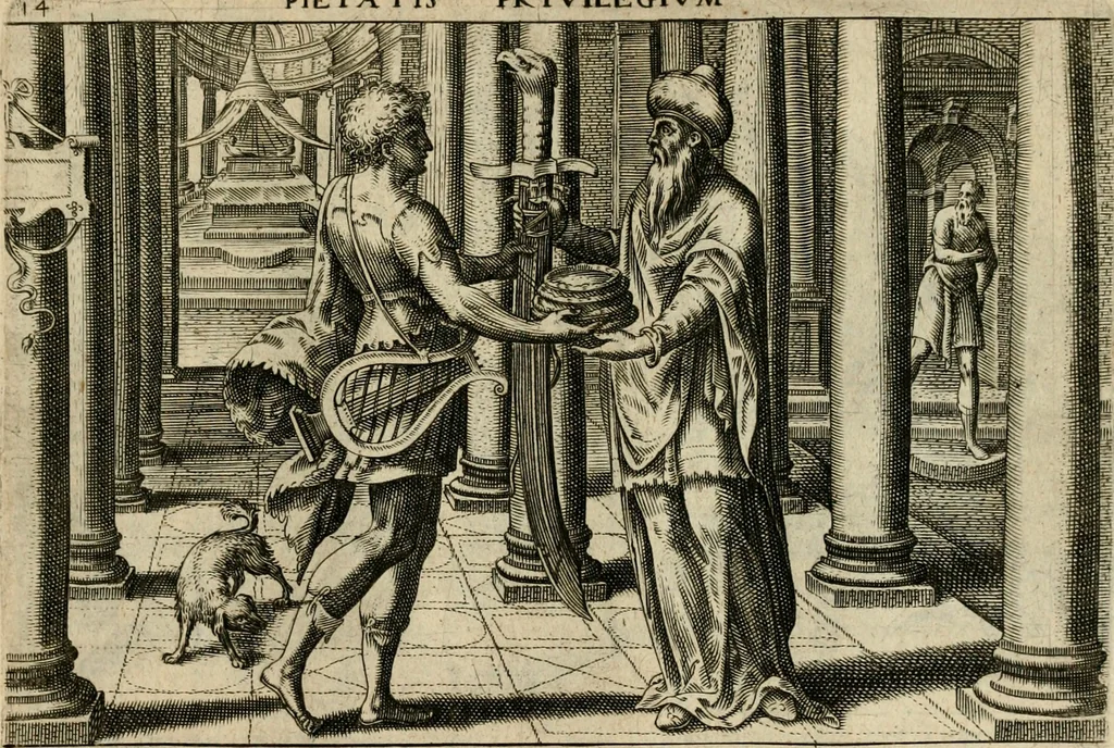 An illustration from David, hoc est, Virtvtis exercitatissimae probatvm deo spectacvlvm : ex David pastoris militis regis exvlis ac prophetae exemplis, 1575, leaf 40