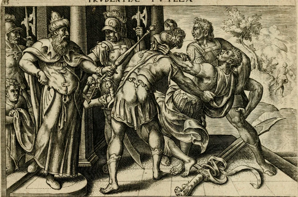 An illustration from David, hoc est, Virtvtis exercitatissimae probatvm deo spectacvlvm : ex David pastoris militis regis exvlis ac prophetae exemplis, 1575, leaf 42