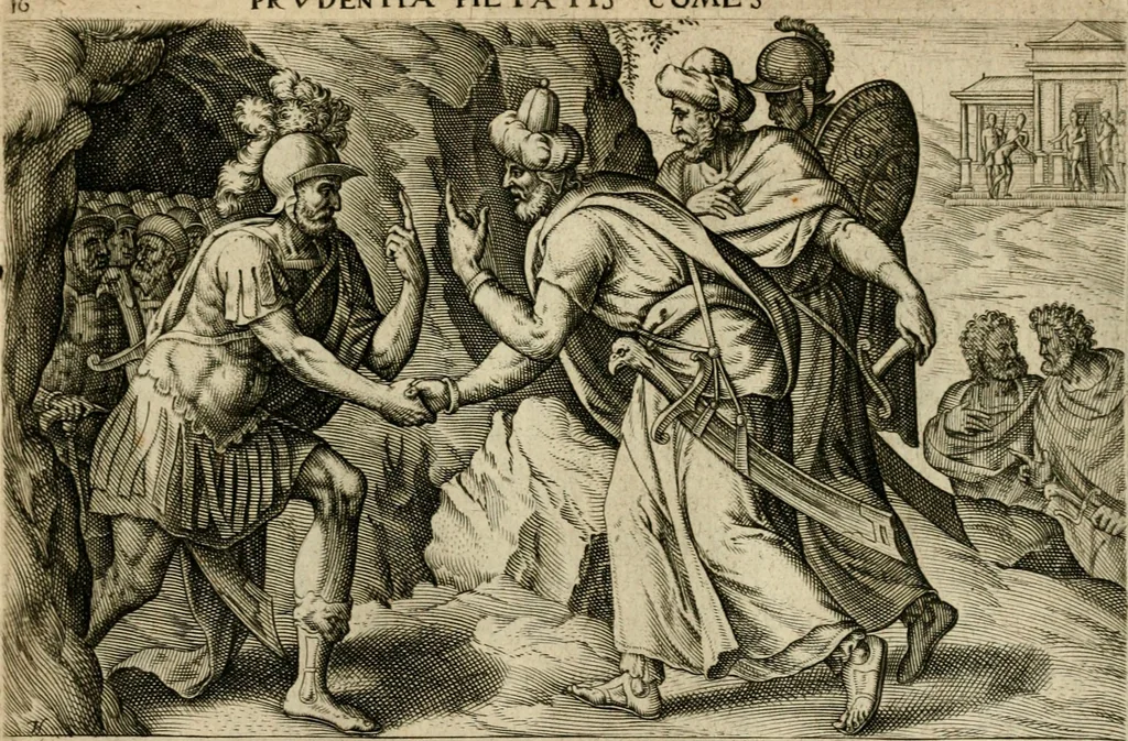An illustration from David, hoc est, Virtvtis exercitatissimae probatvm deo spectacvlvm : ex David pastoris militis regis exvlis ac prophetae exemplis, 1575, leaf 44