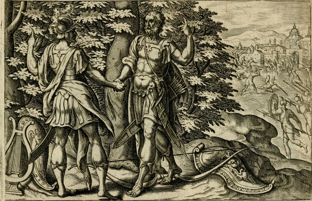 An illustration from David, hoc est, Virtvtis exercitatissimae probatvm deo spectacvlvm : ex David pastoris militis regis exvlis ac prophetae exemplis, 1575, leaf 46