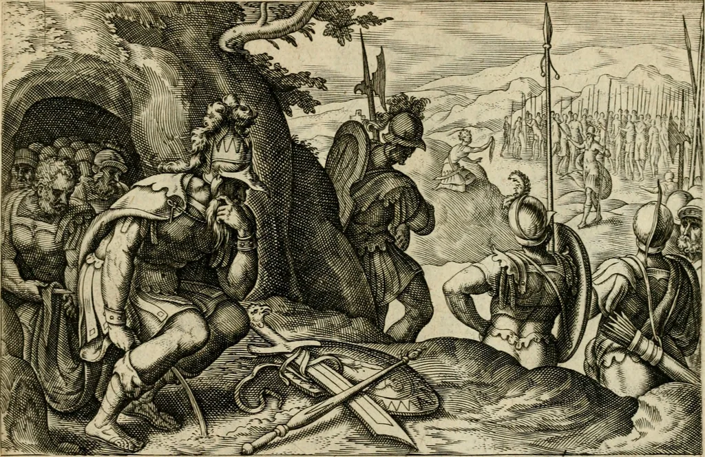 An illustration from David, hoc est, Virtvtis exercitatissimae probatvm deo spectacvlvm : ex David pastoris militis regis exvlis ac prophetae exemplis, 1575, leaf 48