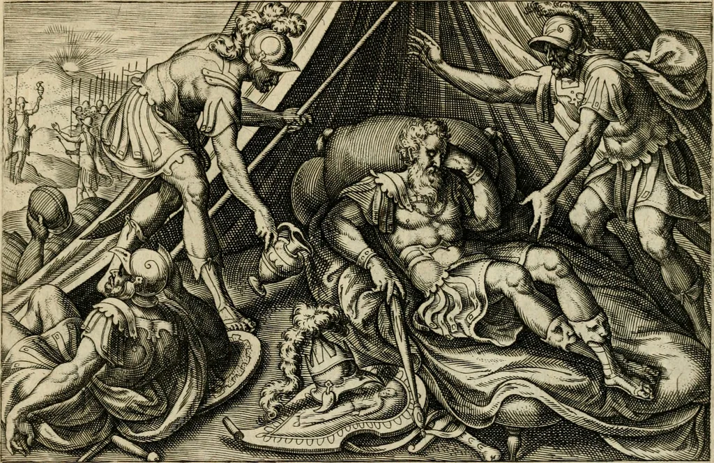 An illustration from David, hoc est, Virtvtis exercitatissimae probatvm deo spectacvlvm : ex David pastoris militis regis exvlis ac prophetae exemplis, 1575, leaf 54