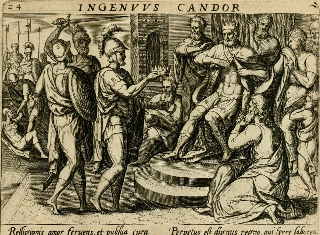 An illustration from David, hoc est, Virtvtis exercitatissimae probatvm deo spectacvlvm : ex David pastoris militis regis exvlis ac prophetae exemplis, 1575, leaf 60