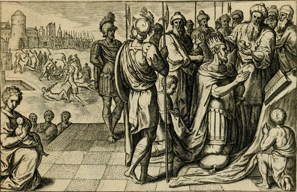 An illustration from David, hoc est, Virtvtis exercitatissimae probatvm deo spectacvlvm : ex David pastoris militis regis exvlis ac prophetae exemplis, 1575, leaf 62