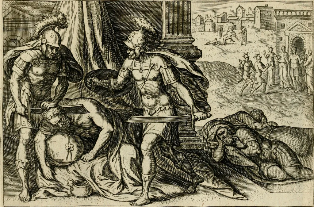 An illustration from David, hoc est, Virtvtis exercitatissimae probatvm deo spectacvlvm : ex David pastoris militis regis exvlis ac prophetae exemplis, 1575, leaf 66