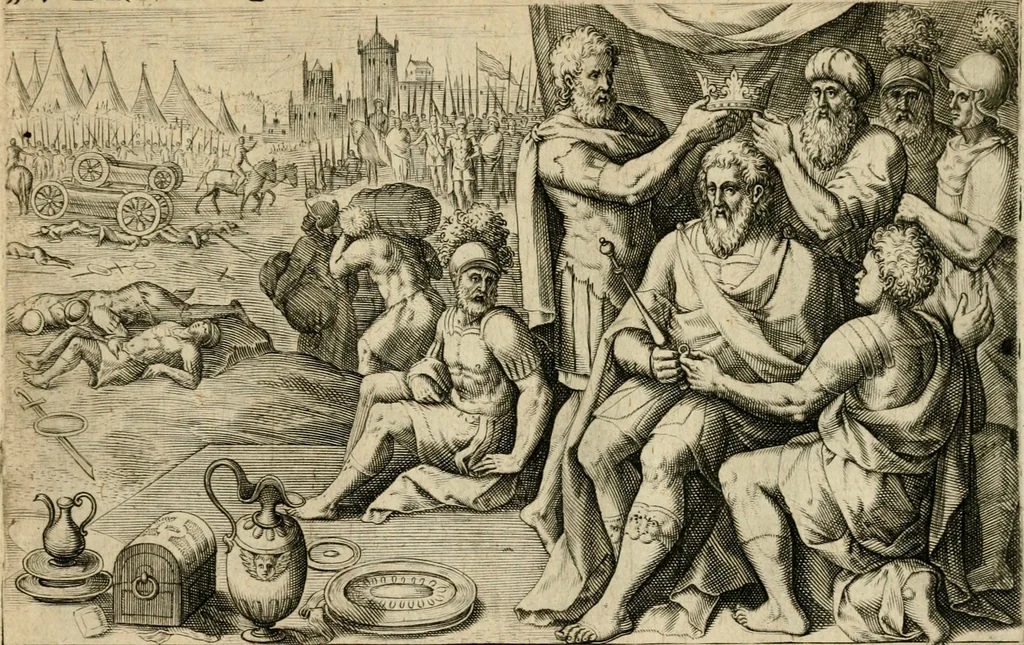 An illustration from David, hoc est, Virtvtis exercitatissimae probatvm deo spectacvlvm : ex David pastoris militis regis exvlis ac prophetae exemplis, 1575, leaf 78